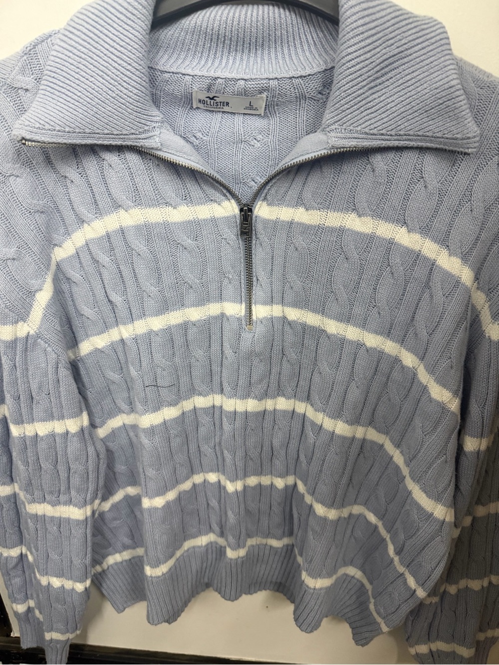 Hollister Light Blue and Cream Striped Cable-Knit Half-Zip Sweater